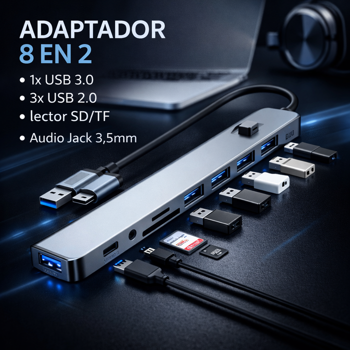 Hub 8 En 2 Usb C Con Usb Y Audio 3.5mm Y Lector Micro Sd