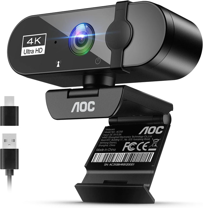 Cámara Web AOC 4K Para PC Con Micrófono Y Cubierta De Privacidad (Plug & Play)