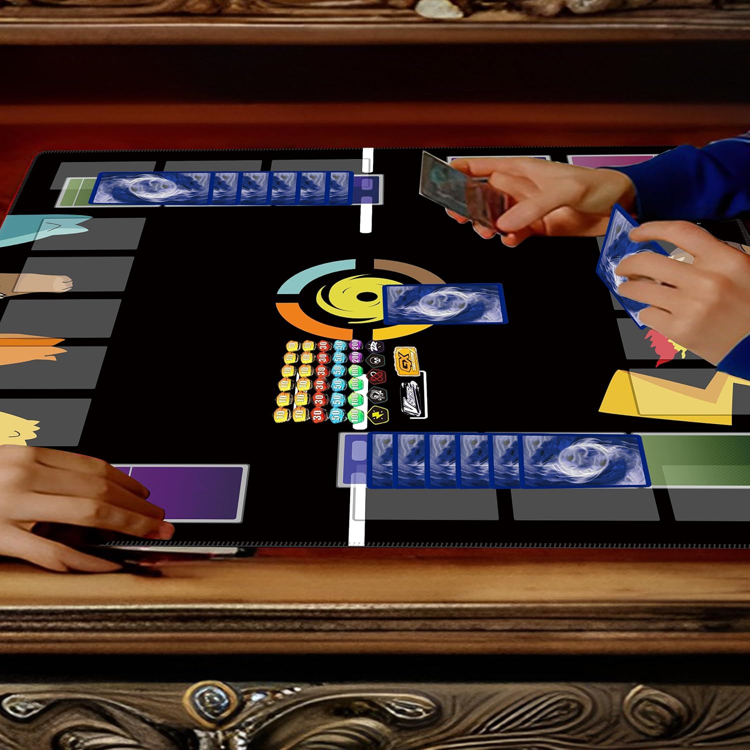 Alfombrilla de juego para cartas TCG 2 jugadores con contadores de daño y bolsa - Negra