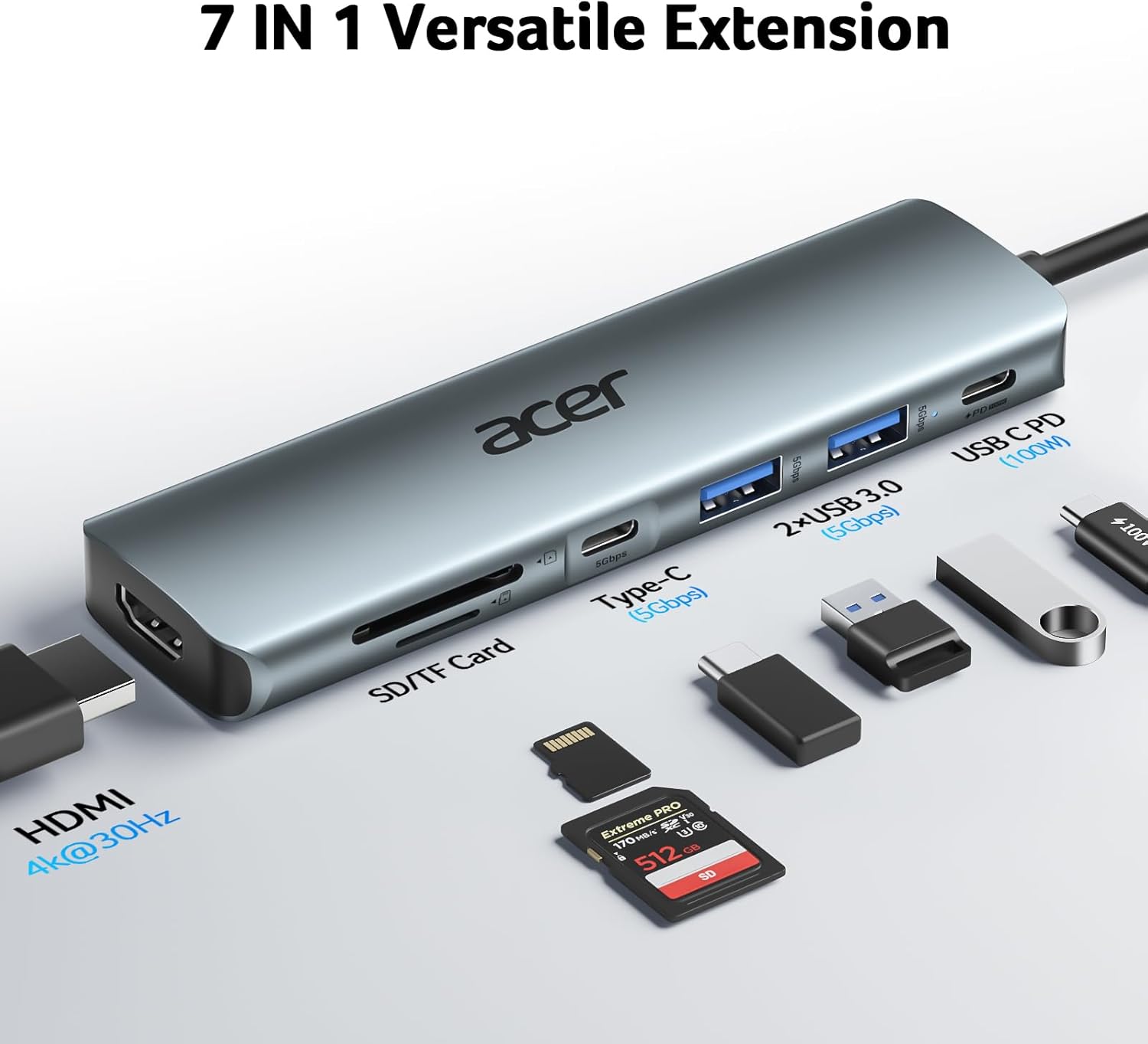 Hub USB-C ACER 7 en 1 con HDMI 4K y carga PD 100W (gris)