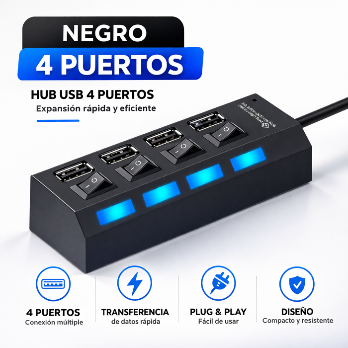 Hub Usb 2.0 De Alta Velocidad / 4 o 7 Puertos Con Interruptor Y Luz Led