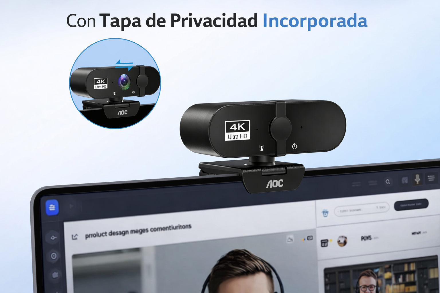 Cámara Web AOC 4K Para PC Con Micrófono Y Cubierta De Privacidad (Plug & Play)