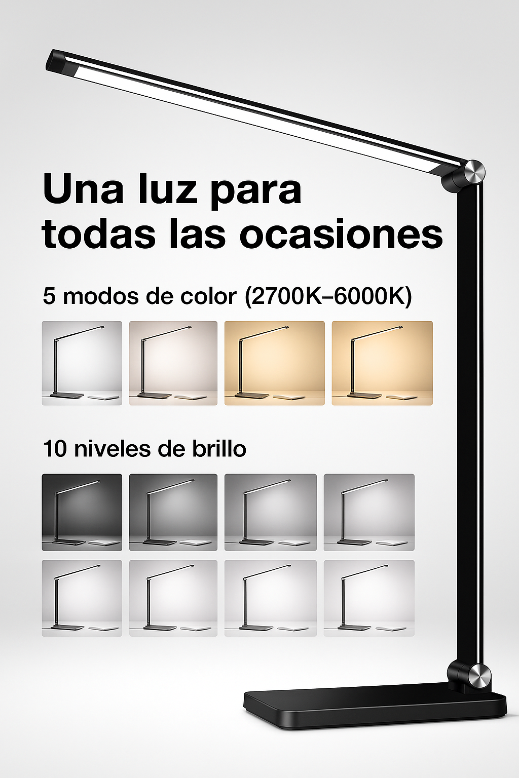 Lámpara de Escritorio LED  – 5 Modos de Luz, 7 Niveles de Brillo, Carga Inalámbrica y USB (5000K / 10W)