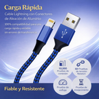 Cable Lightning Certificados MFi Para iPhone (Nailon Trenzado, Carga Rápida, Azul)