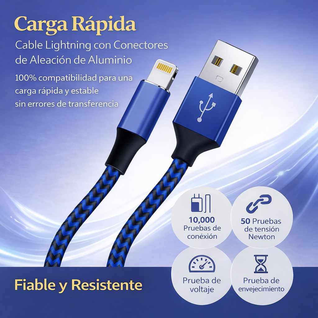 Cable Lightning Certificados MFi Para iPhone (Nailon Trenzado, Carga Rápida, Azul)