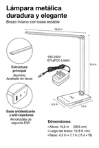 Lámpara de Escritorio LED  – 5 Modos de Luz, 7 Niveles de Brillo, Carga Inalámbrica y USB (5000K / 10W)
