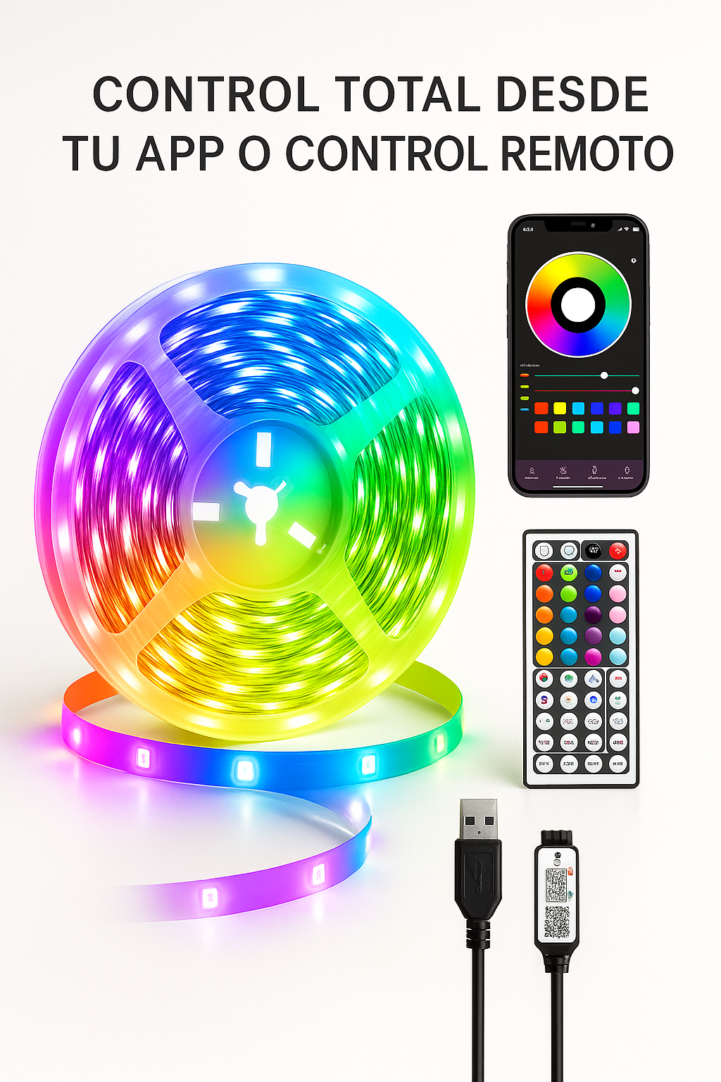 Tira LED RGB 5V – 5 Metros (USB / Control Remoto 24 Keys / Decoración de Ambientes)