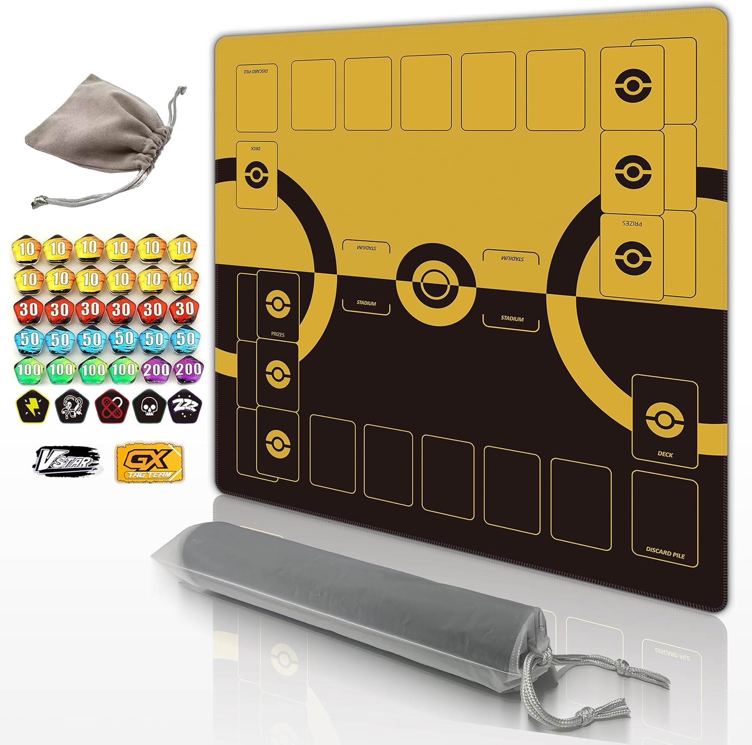 Alfombrilla de juego para cartas TCG 2 jugadores con contadores de daño y bolsa - Amarillo
