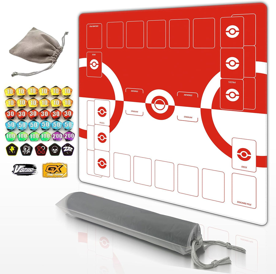 Alfombrilla de juego para cartas TCG 2 jugadores con contadores de daño y bolsa - Roja