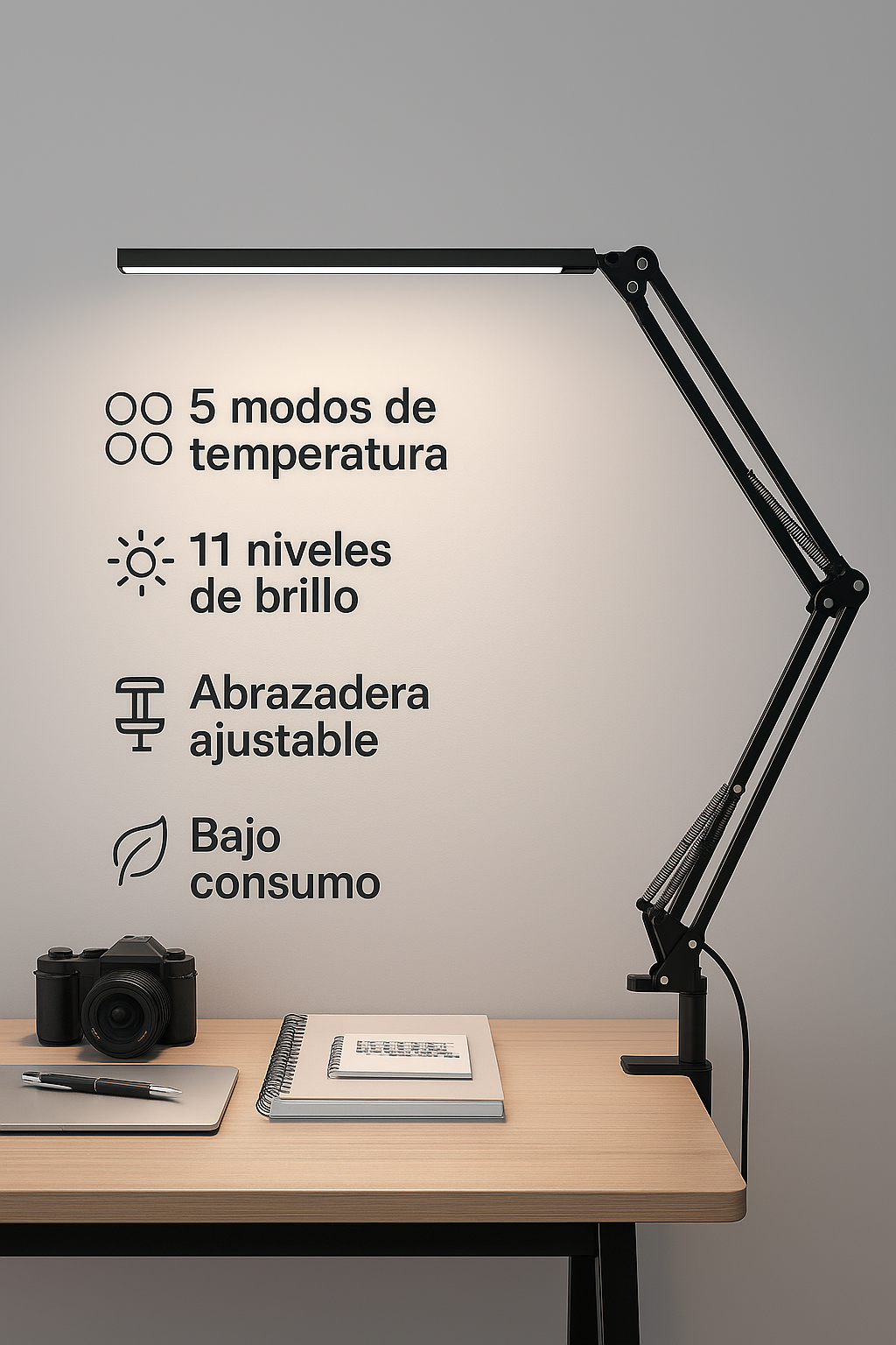 Lámpara LED de Escritorio con Brazo Articulado – 5 Modos de Luz y 11 Niveles de Brillo